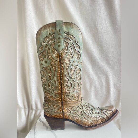 Corral Mint Inlay Glitter Snip Toe Boots - Picture 3 of 6